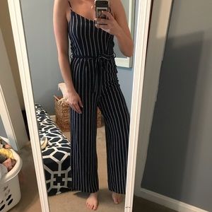 Blue and white striped jumpsuit